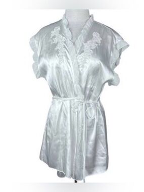 Donatella White Satin Short Robe Womens Large Tie Waist Ruffle Sequin Bead SZM